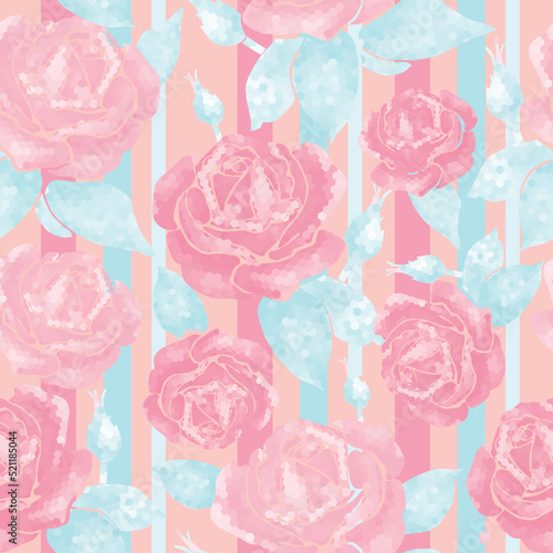Seamless pattern pattern with roses geometric line style purple flowers with buds on a peach background. The fabric is fashionable with trend pattern.