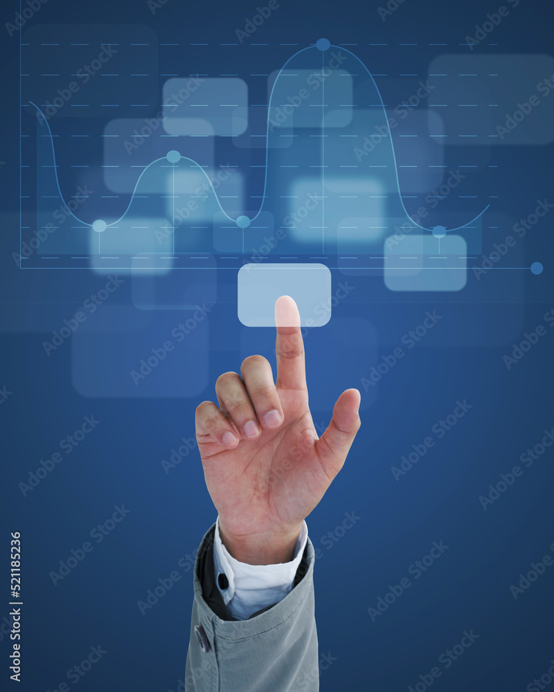 businessman pressing button on virtual screens businessman pressing button on virtual screens