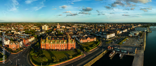 Aerial view of Marinegate Mansions in the evening sun Southport Merseyside