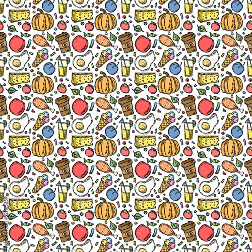 Seamless food pattern. Doodle food background. Food illustration