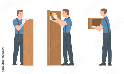 Young Man Character Assembling and Installing Wooden Furniture Vector Set