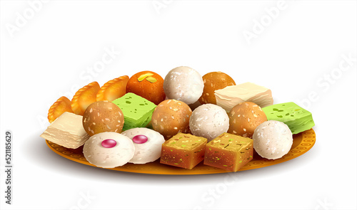 Plate with traditional Indian sweets – laddu, gulab jamun, narikol ladoo, gujiya, halwa, barfi. Isolated on white. Vector illustration. 
