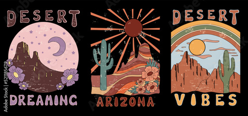 Arizona desert vibes. Vector set with 3 graphic print designs for t shirt, poster, background and others.