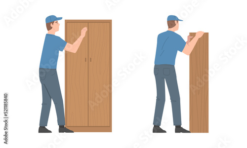 Young Man Character Assembling and Installing Wooden Furniture Vector Set
