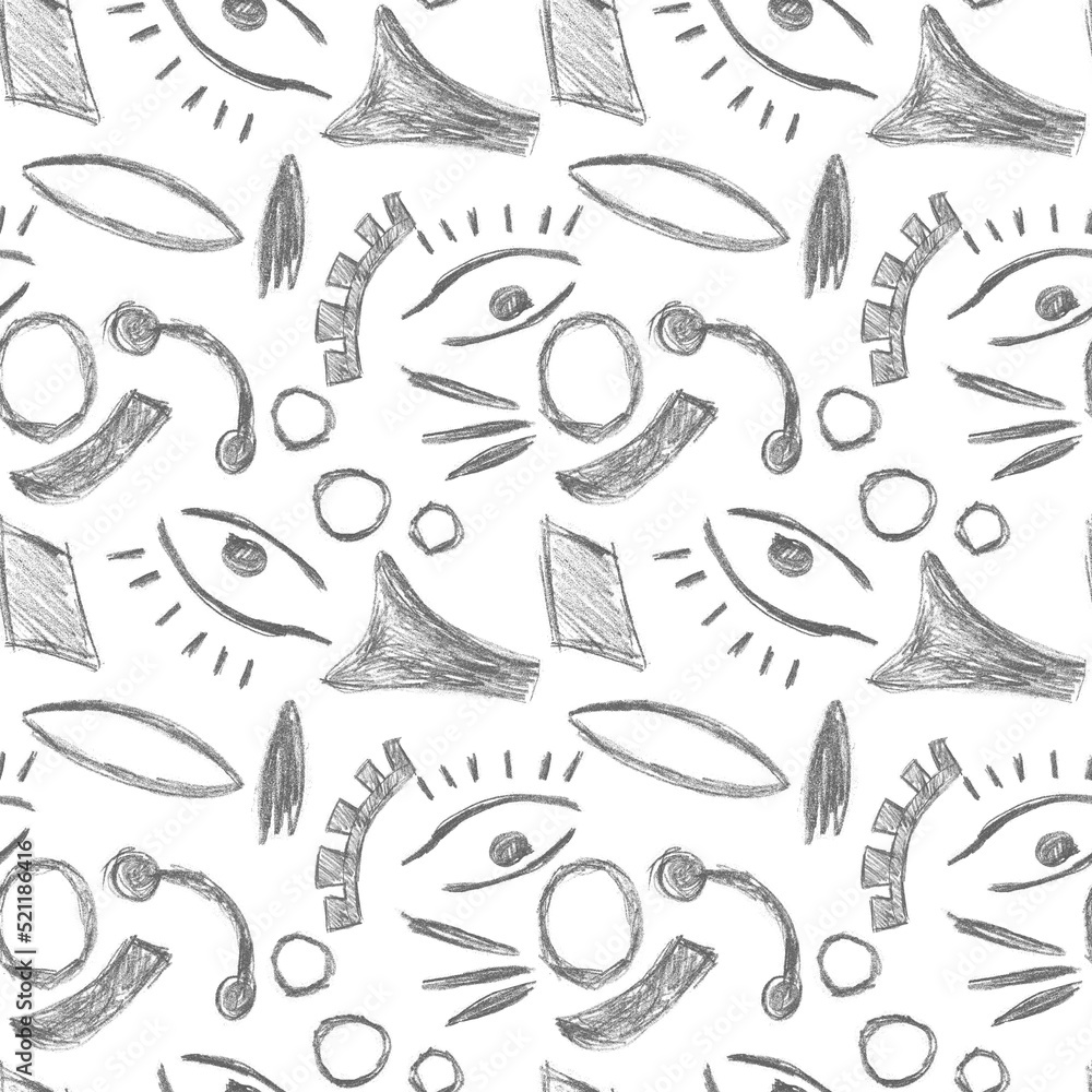 Seamless monochrome pattern with pencil. Occult, abstract symbols, eyes ...