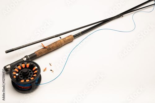 Fly fishing tackle,  on a white background with copy space