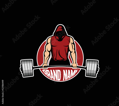 Hooded man with barbell. Mix fight logo template. Fight club label. Assassin gaming mascot