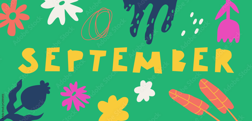 Obraz premium September month. Abstract background with botanical doodles. Vector multicolor hand drawn print for design, banner, calendar.
