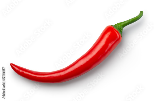 Chili pepper isolated. Chilli top view on white background. One red hot chili pepper top. With clipping path.