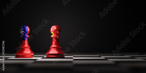 China and Taiwan chess standing on chessboard with copy space for symbol of military conflict between both countries concept by 3d render.