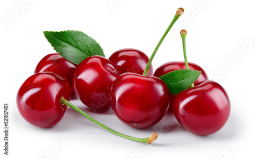 Cherry. Cherry with leaves on white background. Cherries with clipping path. Cherri full depth of field..