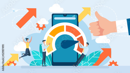 Speed test on the mobile screen. Teamwork success. Website loading optimization. Page speed and SEO. Website speed. Loading time. Page optimization. Speed test metering dial. Vector illustration.
