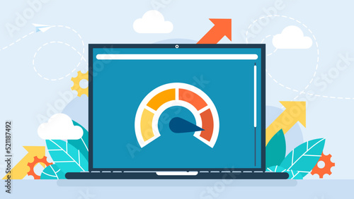 Laptop with speed test on the screen. Website loading optimization Page speed and SEO. Website speed. Loading time. Page optimization. Speed test metering dial. Media content. Vector illustration.