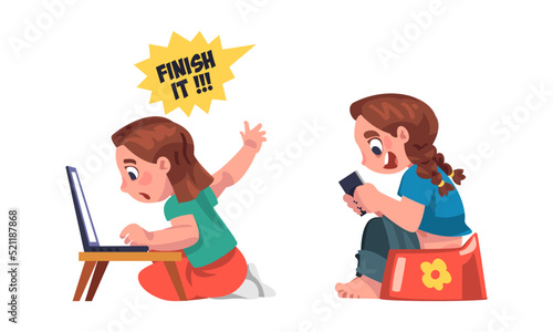 Girl Addicted to Gadget Sitting with Laptop and Smartphone on Potty Playing Video Game Vector Set