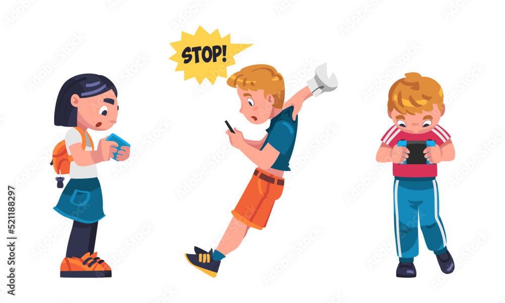 Boy and Girl Addicted to Gadget with Console Playing Video Game Vector Set Boy and Girl Addicted to Gadget with Console Playing Video Game Vector Set