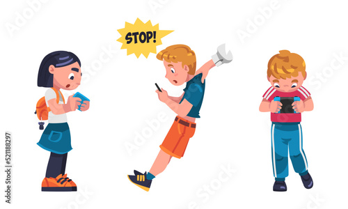 Boy and Girl Addicted to Gadget with Console Playing Video Game Vector Set