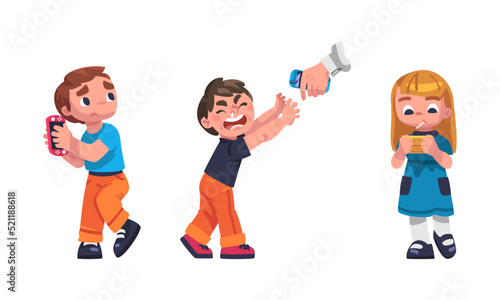 Boy and Girl with Console Addicted to Gadget Playing Video Game Vector Set