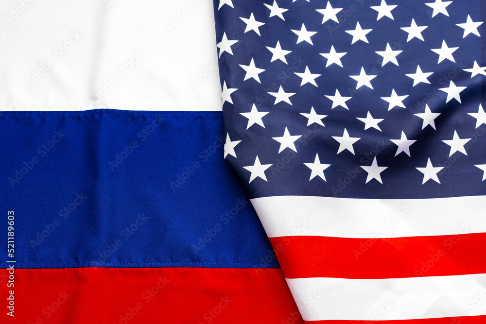 Obraz premium Usa flag and Russia flag top view
