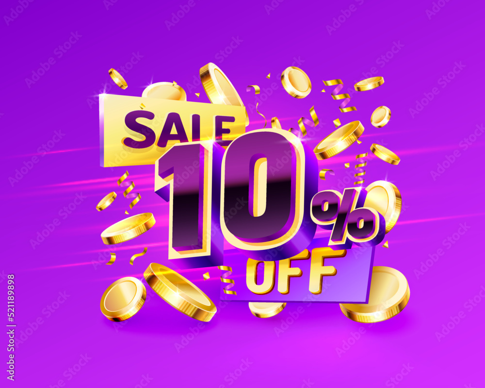 10 Off. Discount creative composition. 3d sale symbol with decorative objects, golden confetti, podium and gift box. Sale banner and poster.