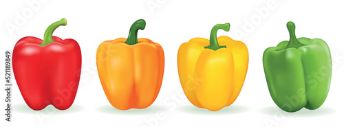 Vector Set of Colored Yellow, Green, Orange and Red Sweet Bulgarian Bell Peppers, Paprika Isolated on White. Realistic 3D
