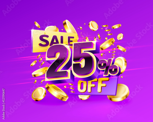 25 Off. Discount creative composition. 3d sale symbol with decorative objects  golden confetti  podium and gift box. Sale banner and poster