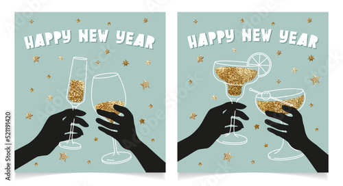 Happy new year cute greeting cards, set of line art illustrations vector design. Invitation for party. Hands holding wine, champagne and cocktail glasses. Cheers 