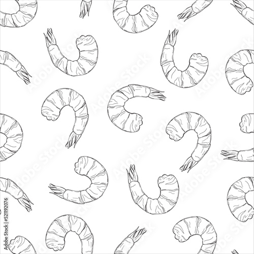 Seamless vector pattern of black line hand drawn shrimps on white background. Design for seafood products packaging