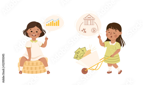 Little Kids Engaged in Economic Education and Financial Literacy Learning Saving and Investing Money Vector Set