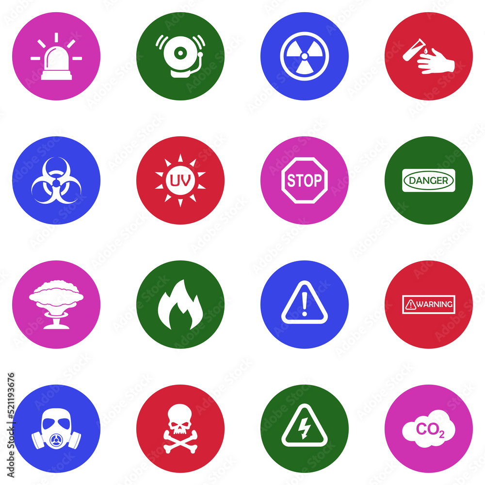 Alerts and Warning Icons. White Flat Design In Circle. Vector Illustration.