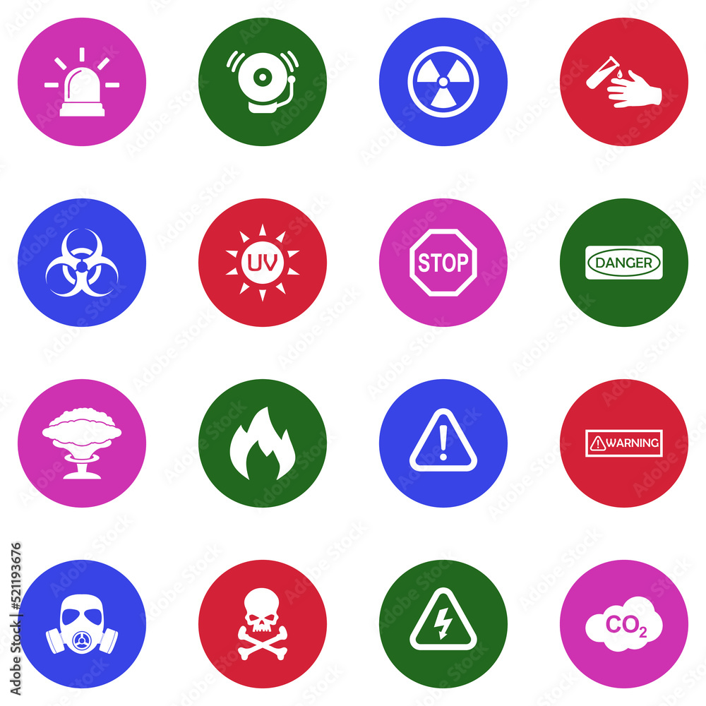 Alerts and Warning Icons. White Flat Design In Circle. Vector Illustration. Alerts and Warning Icons. White Flat Design In Circle. Vector Illustration.