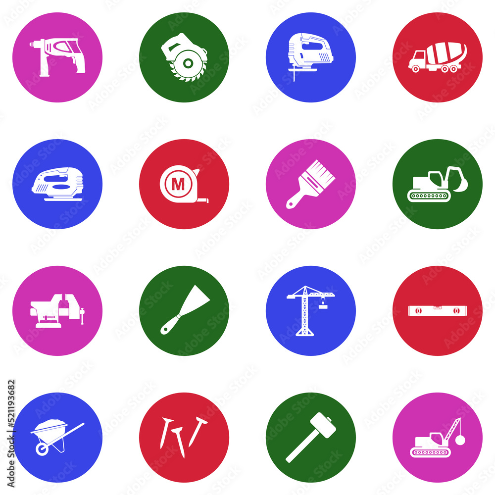 Construction Equipment Icons. White Flat Design In Circle. Vector Illustration. Construction Equipment Icons. White Flat Design In Circle. Vector Illustration.