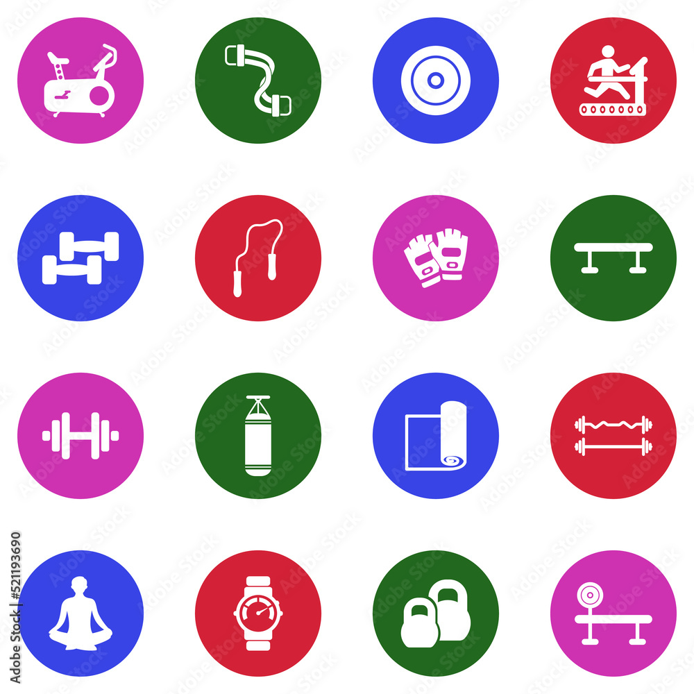 Home Gym Icons. White Flat Design In Circle. Vector Illustration.