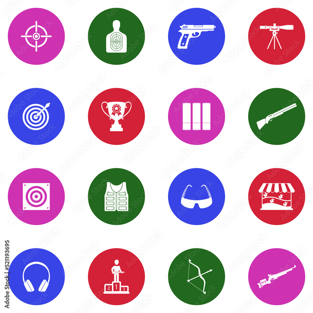 Shooting Icons. White Flat Design In Circle. Vector Illustration.