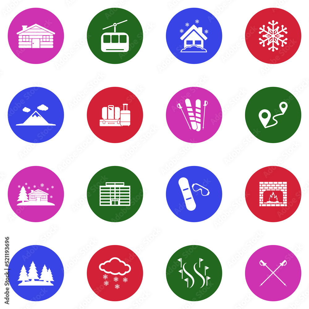 Ski Resort Icons. White Flat Design In Circle. Vector Illustration.