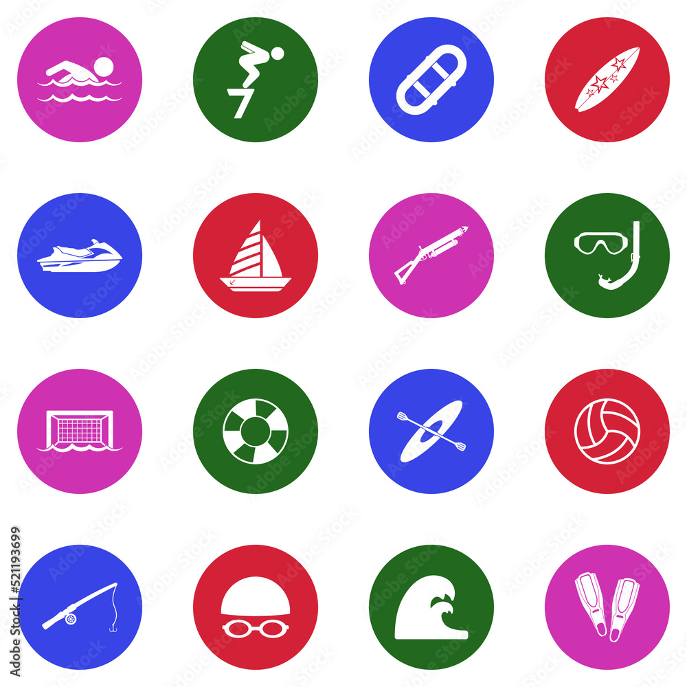 Water Sports Icons. White Flat Design In Circle. Vector Illustration. Water Sports Icons. White Flat Design In Circle. Vector Illustration.