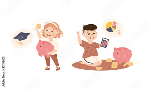 Little Kids Engaged in Economic Education and Financial Literacy Learning Saving and Investing Money Vector Set
