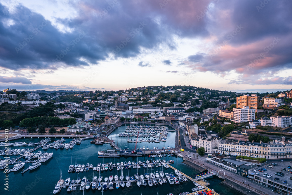 Sunset over Torquay Harbour and Marina, English Riviera from a drone, Devon, England, Europe	