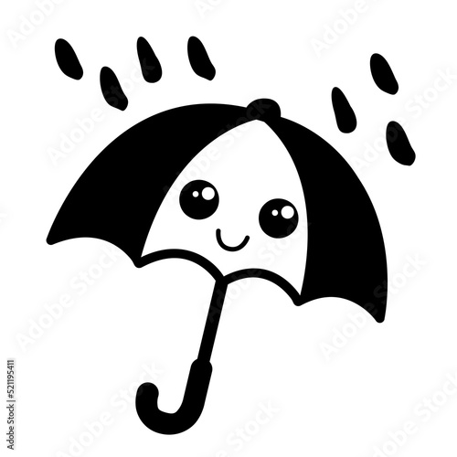 Cute umbrella forecast icon. Black and white contrast kawaii character.