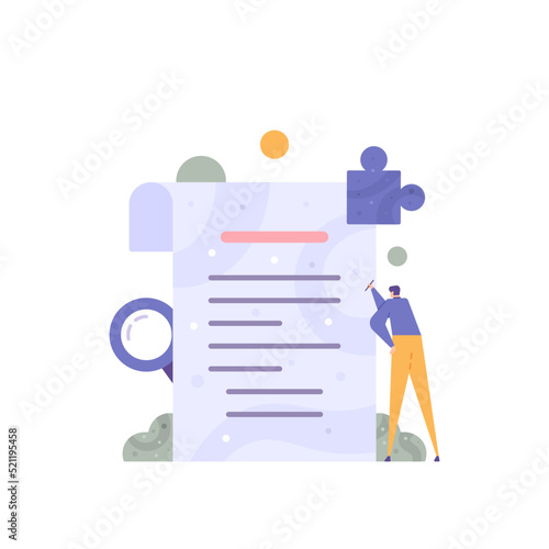 write or create a scientific paper, journal, proposal, letter, report or manuscript. a copywriter, journalist, writer, or content creator. flat cartoon illustration. vector concept design.
