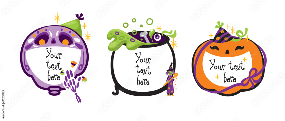 Skull, pumpkin and cauldron with potion. Halloween mockup. Your text here. Skull, pumpkin and cauldron with potion. Halloween mockup. Your text here.