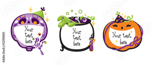 Skull, pumpkin and cauldron with potion. Halloween mockup. Your text here. 