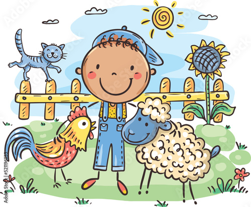 Cartoon little boy at countryside with farm animals. Farm scene with child cartoon character and farm animals: rooster and sheep