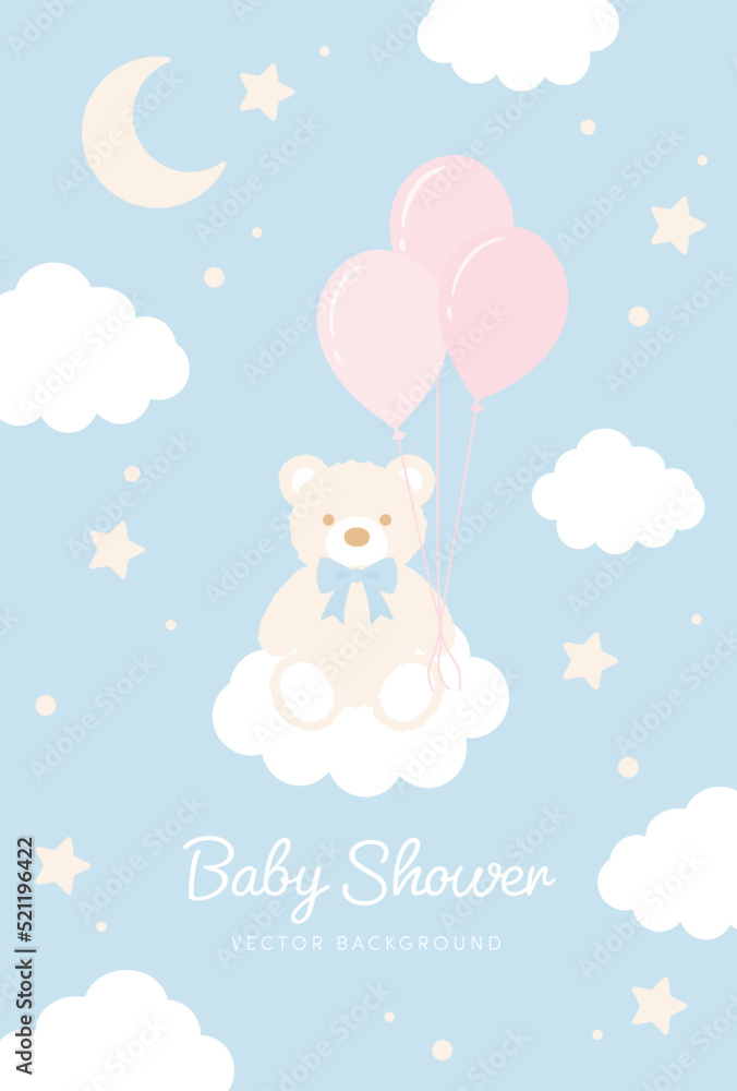 vector background with a teddy bear with balloons in the sky for banners, baby shower cards, flyers, social media wallpapers, etc. vector background with a teddy bear with balloons in the sky for banners, baby shower cards, flyers, social media wallpapers, etc.