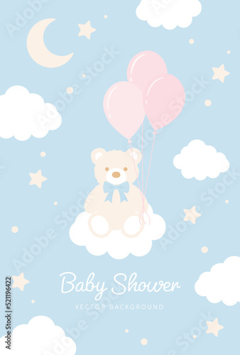 vector background with a teddy bear with balloons in the sky for banners, baby shower cards, flyers, social media wallpapers, etc. © mar_mite_