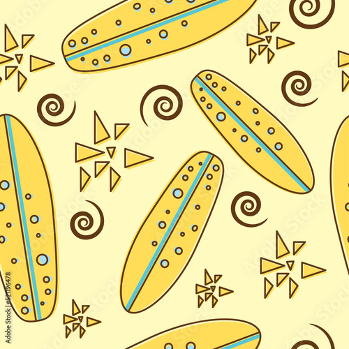 yellow color surf board and spiral illustration seamless pattern .