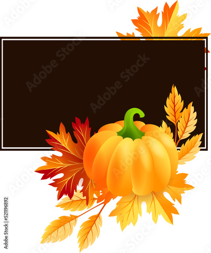 Autumn pumpkin with fall maple tree leaves frame