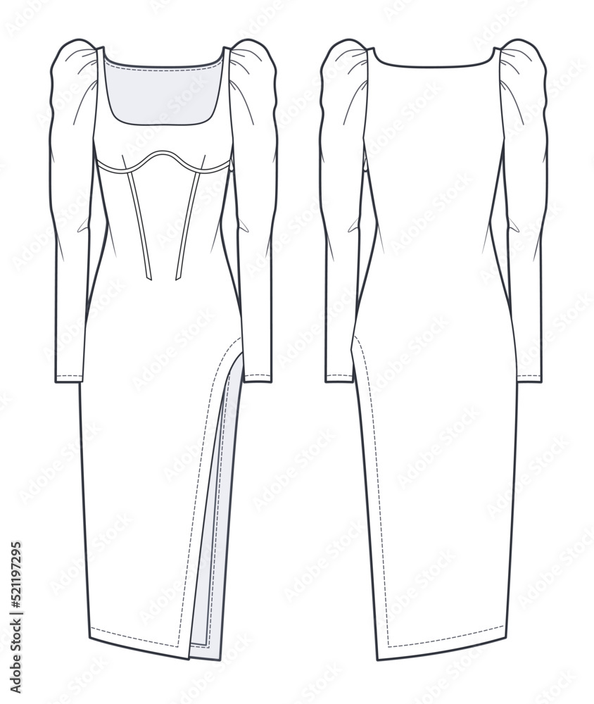 Women's Midi Dress fashion flat technical drawing template. Evening ...