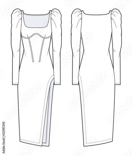 Women's Midi Dress fashion flat technical drawing template.  Evening midi Dress with corset fashion flat illustration, puff sleeves, side split, square neck, front and back view, white, CAD mockup.