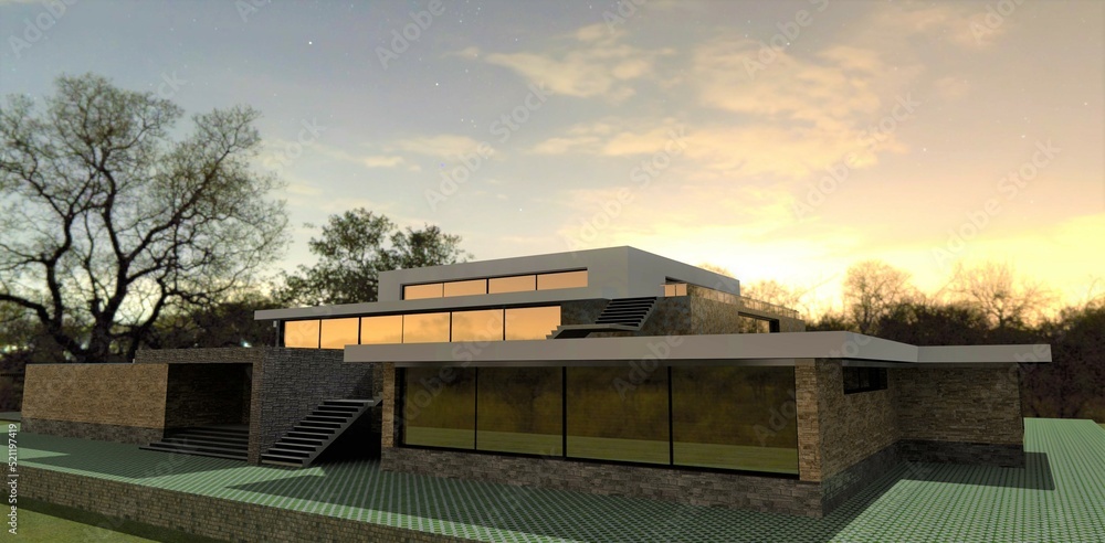 Evening in a luxurious modern villa. Reflection of a stunning sunset in the large mirrored windows. 3d render.