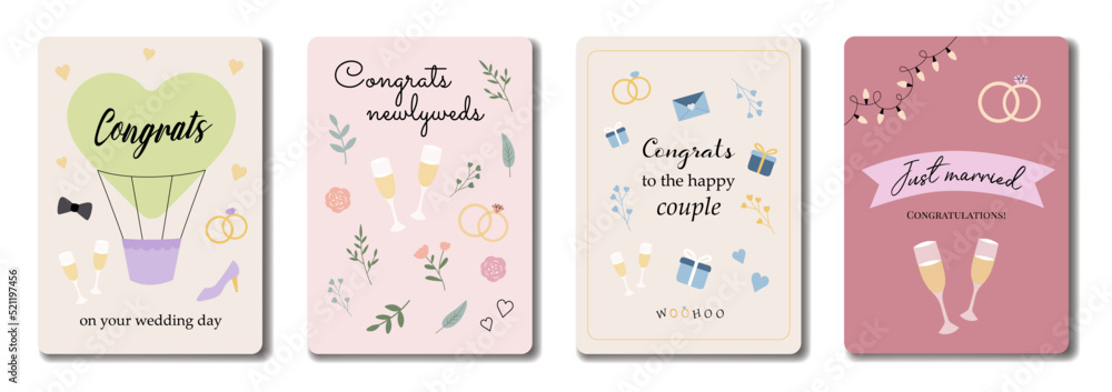 A set of vertical wedding greeting cards in cute hand drawn style. Vector design template in a modern minimalistic style A set of vertical wedding greeting cards in cute hand drawn style. Vector design template in a modern minimalistic style